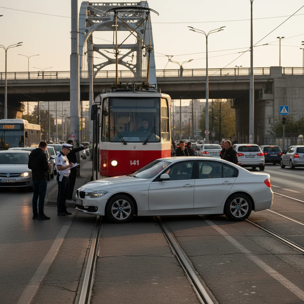 BMW ajuns pe șina tramvaiului 41 în București, lângă Podul Grant: circulație oprită temporar