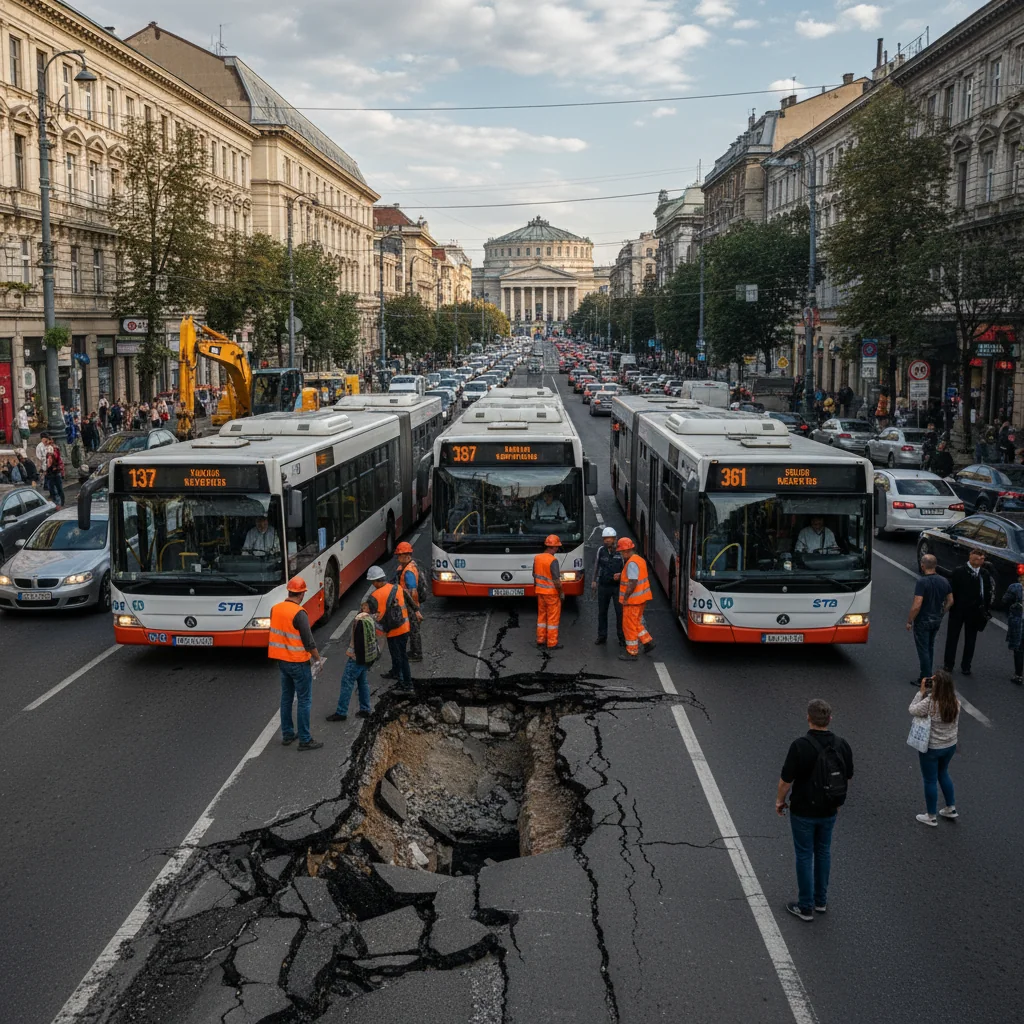 Circulație deviată în București după o surpare de asfalt pe Calea Victoriei