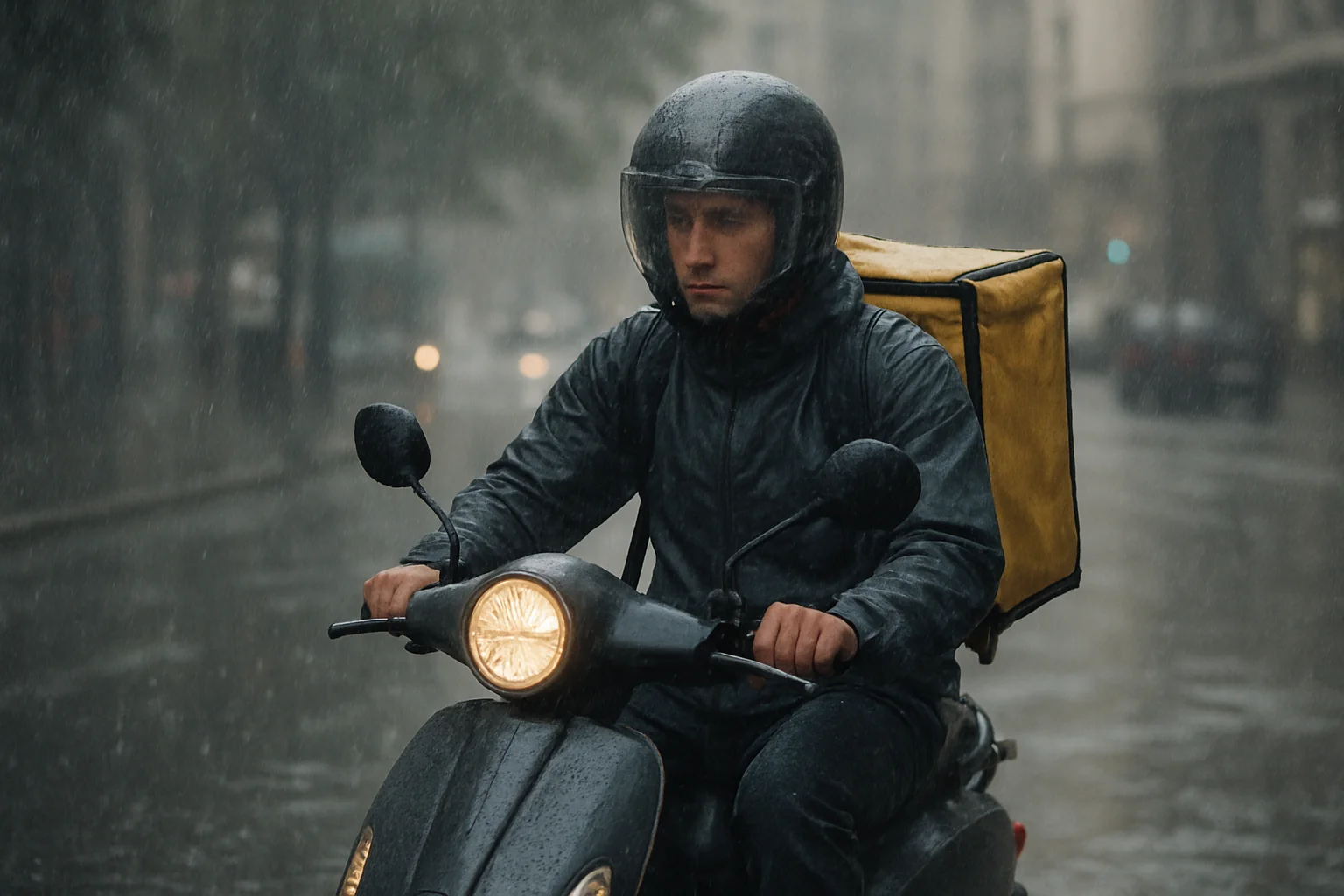 Curier Glovo, surprins în furtună la Piața Romană