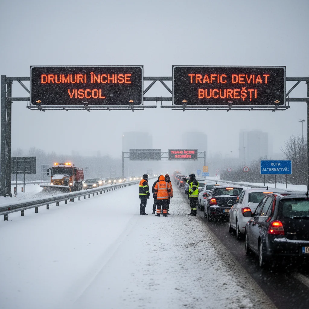 Drumuri naționale și autostrăzi închise din cauza viscolului, cu efecte asupra traficului din București