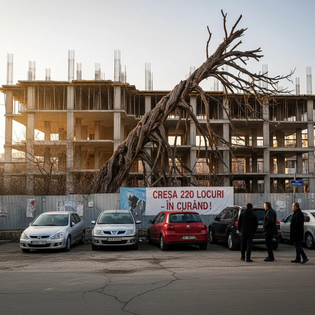 FOTO | Copac bătrân și uscat de pe strada Pajura riscă să se prăbușească peste mașini, chiar în curtea creșei de 220 de locuri neterminate
