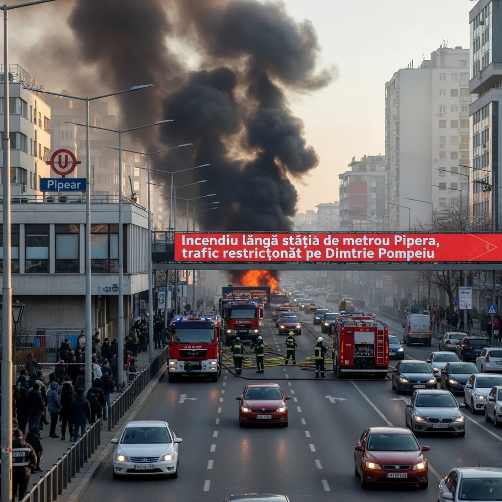 Incendiu la o simigerie lângă stația de metrou Pipera. Trafic restricționat pe Bulevardul Dimitrie Pompeiu din București