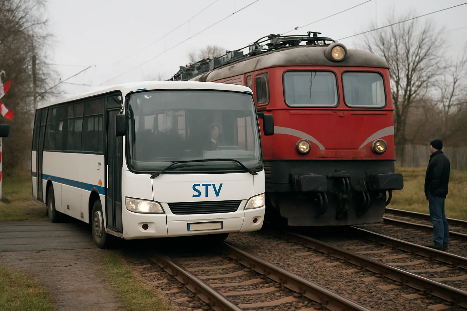 Incident la trecerea de cale ferată: Autobuz STV aproape de șine