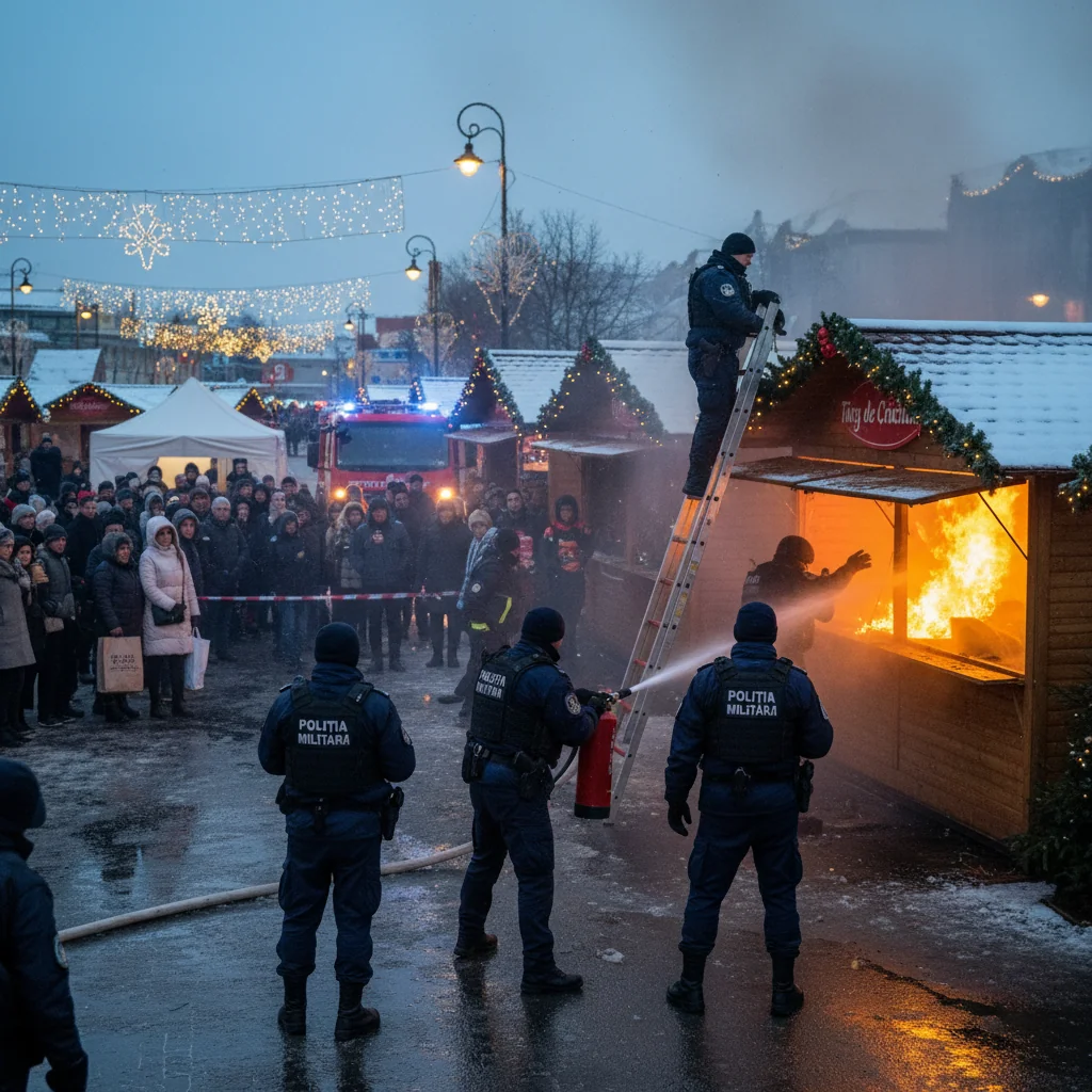 Jandarmii au intervenit rapid pentru a opri extinderea unui incendiu la o căsuță în târgul de Crăciun