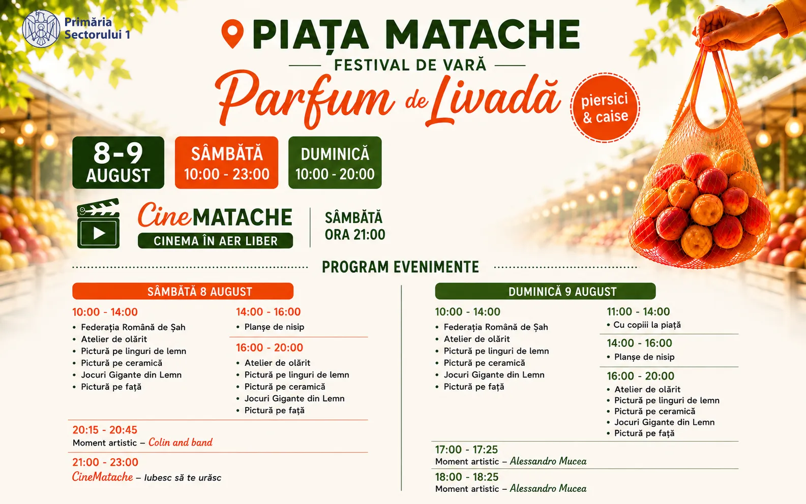 Piersici, caise și cinema în aer liber la Piața Matache, 8–9 august