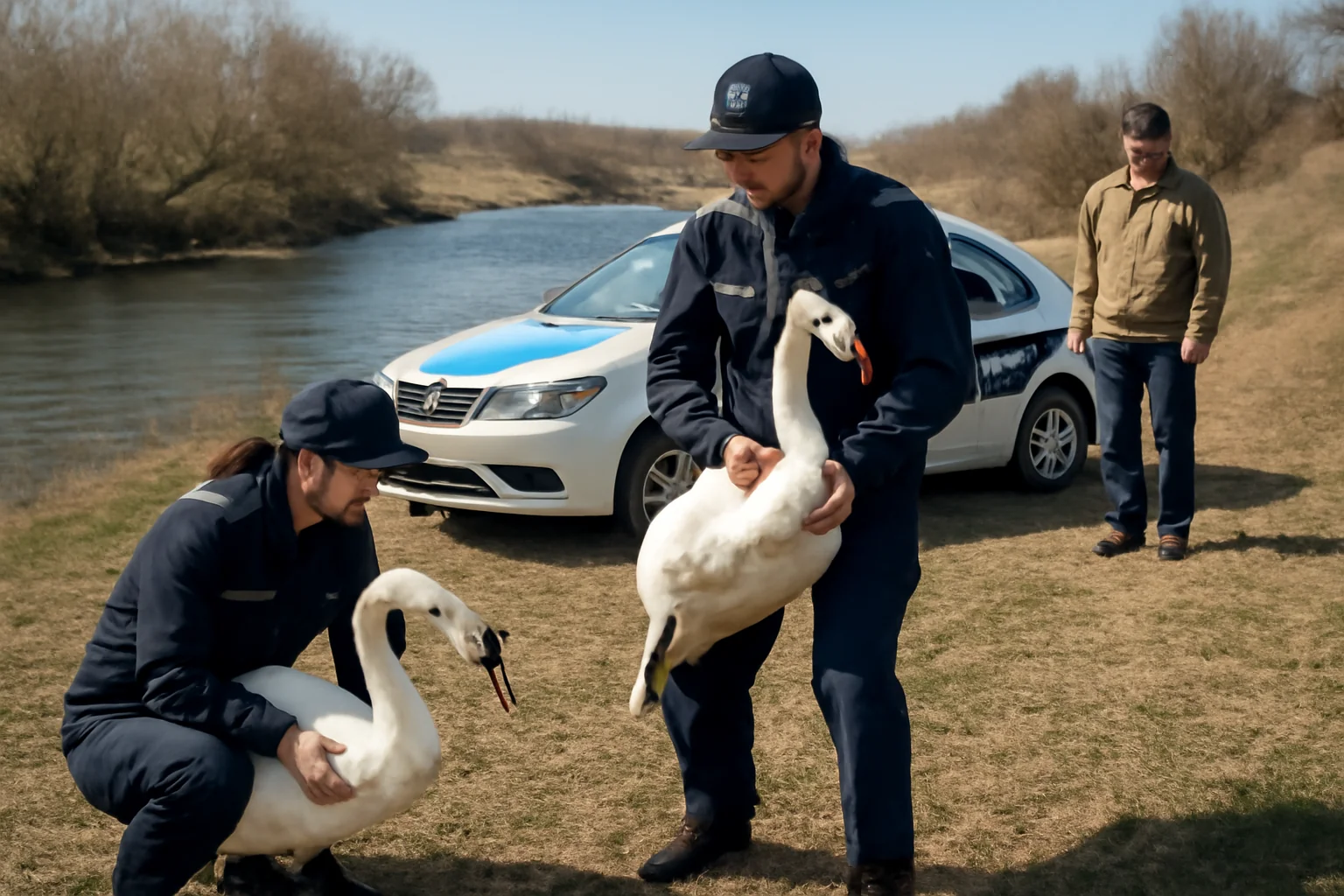 Poliția Protecția Animalelor salvează două lebede albe capturate ilegal lângă râul Argeș, cinci suspecți cercetați penal