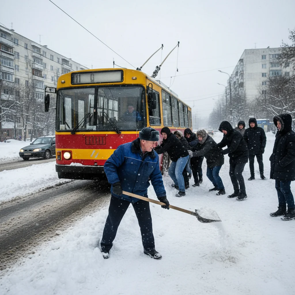 Șofer de troleibuz din București, surprins ajutând călători blocați în nămeți