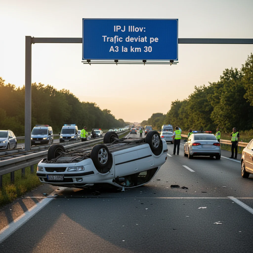 Trafic deviat pe A3, km 30, din cauza unei mașini răsturnate pe autostradă