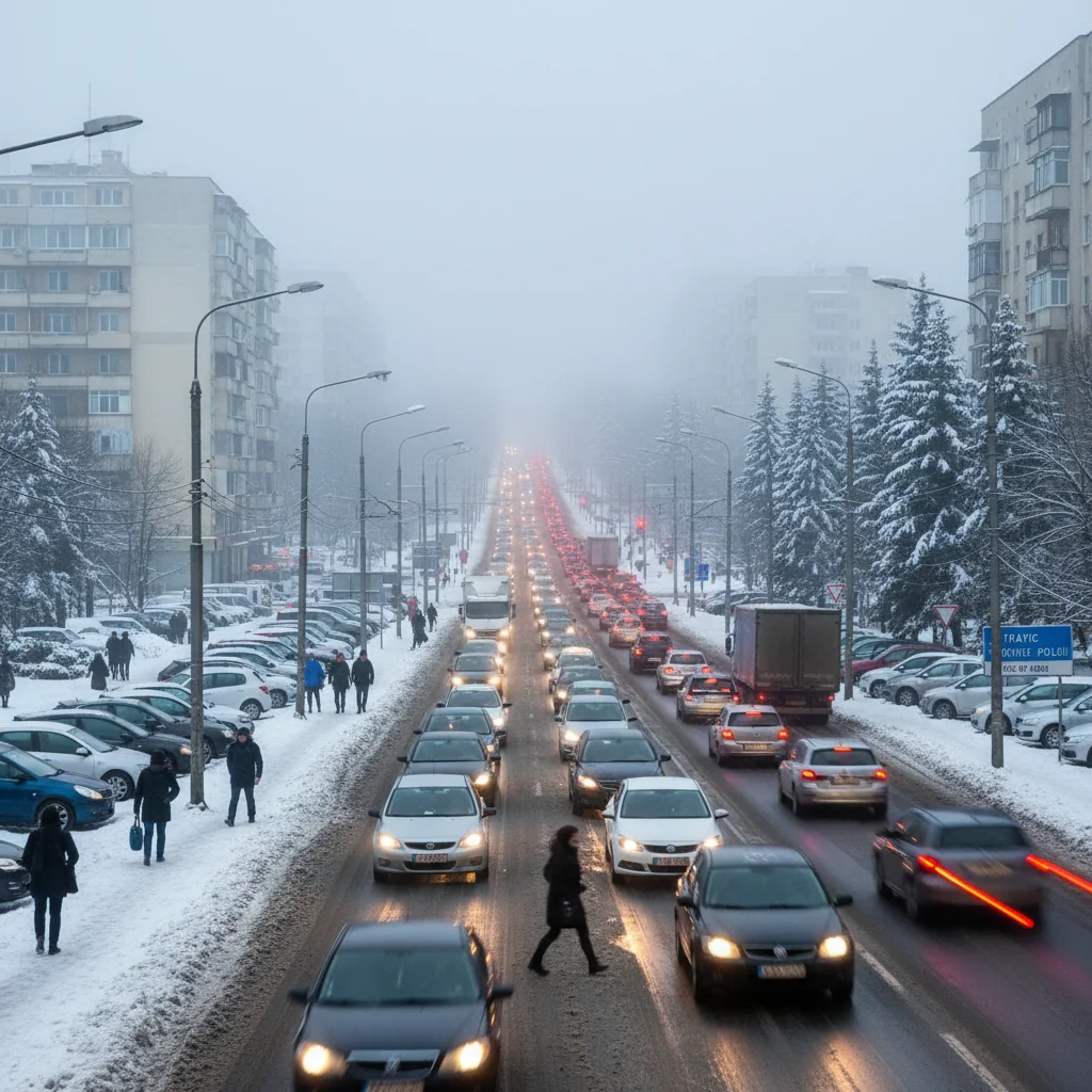 Trafic matinal îngreunat în București pe carosabil alunecos, circulație de iarnă în mai multe județe
