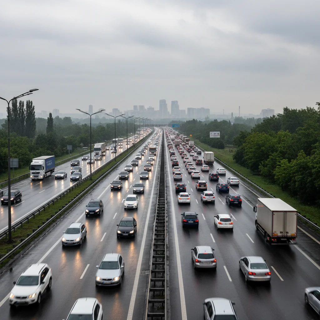 Trafic rutier pe autostrăzile din București: circulație fluentă pe carosabil umed