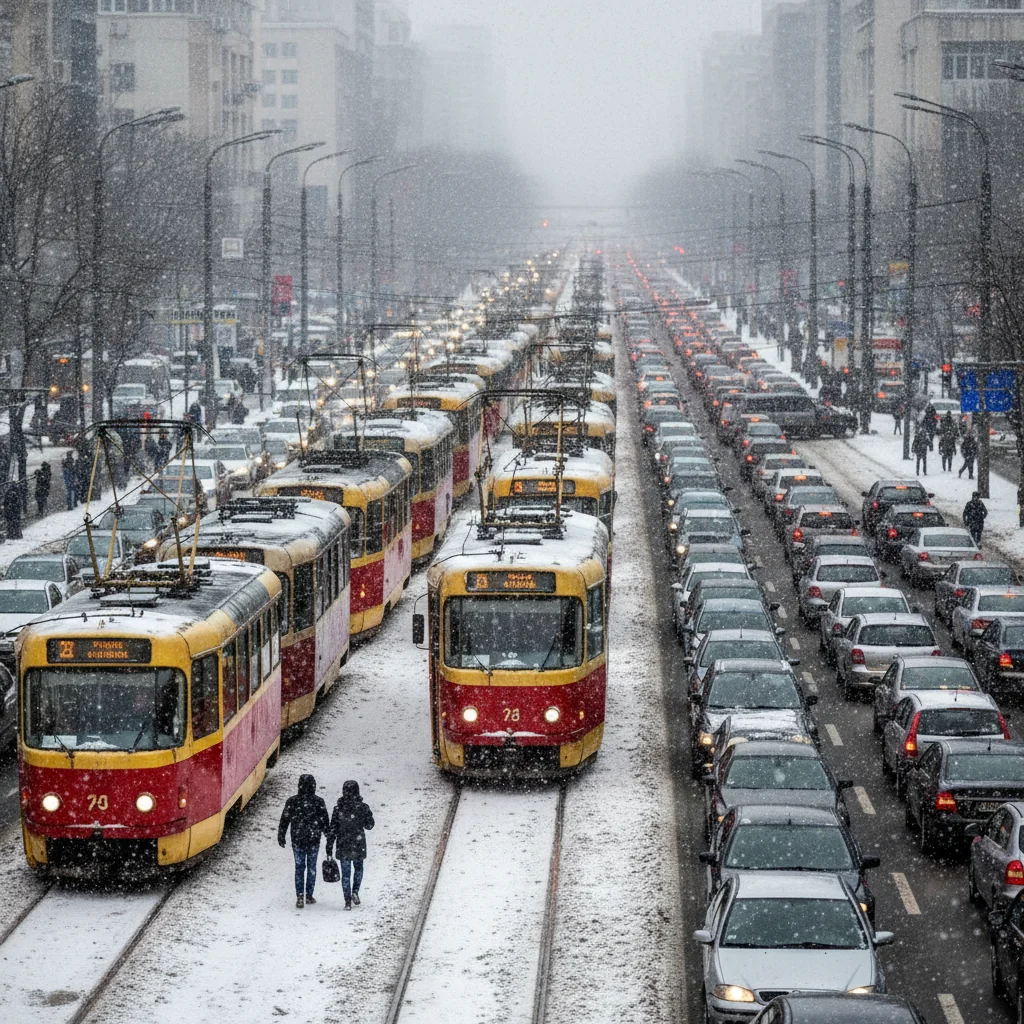 tramvaie încolonate, carosabil îngropat în zăpadă și trafic paralizat, în timp ce ninsoarea continuă