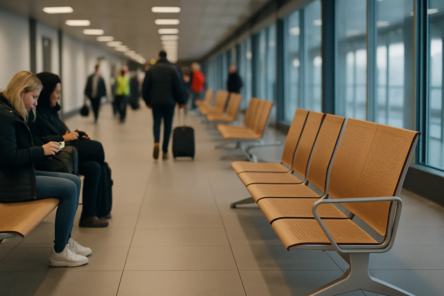 VIDEO | Noile bănci modernizate de la Aeroportul Otopeni în culoarul dintre Terminalele Sosiri și Plecări